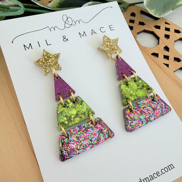 Tiered Christmas Tree Purple and Green Resin Dangle Earrings
