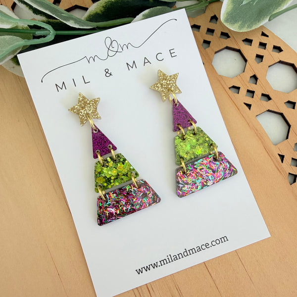Tiered Christmas Tree Purple and Green Resin Dangle Earrings