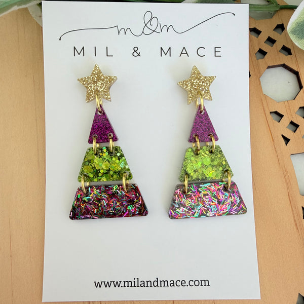 Tiered Christmas Tree Purple and Green Resin Dangle Earrings