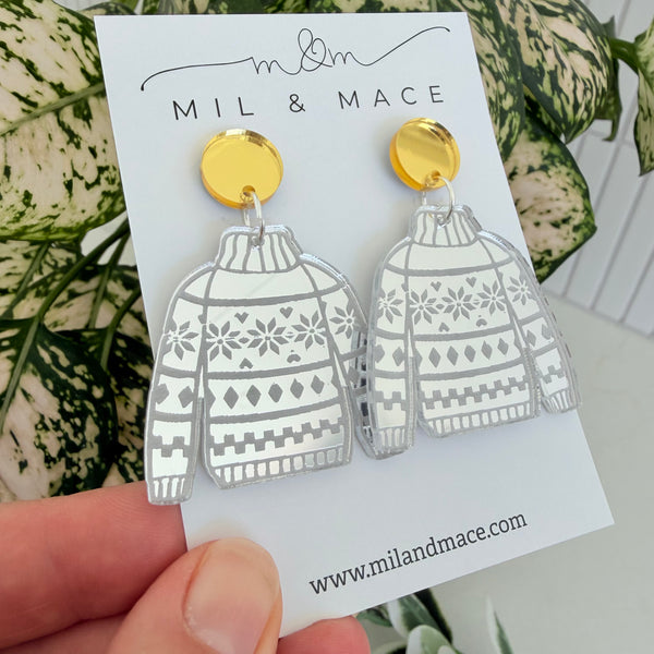 Christmas Ugly Sweater Mirrored Acrylic Dangle Earrings