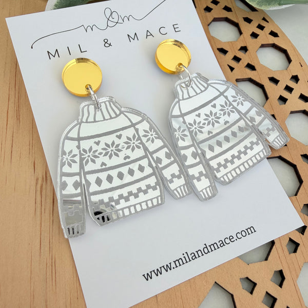Christmas Ugly Sweater Mirrored Acrylic Dangle Earrings