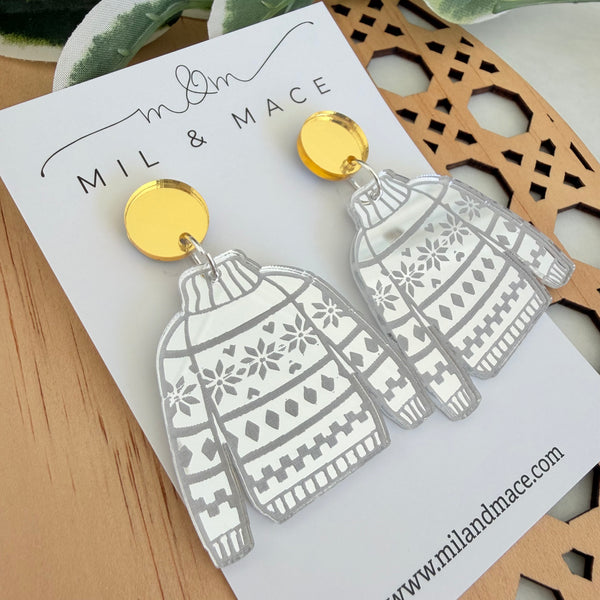 Christmas Ugly Sweater Mirrored Acrylic Dangle Earrings