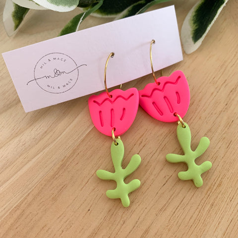 Tulip Polymer Clay Dangle Hoop Earrings