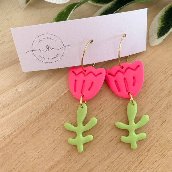 Tulip Polymer Clay Dangle Hoop Earrings
