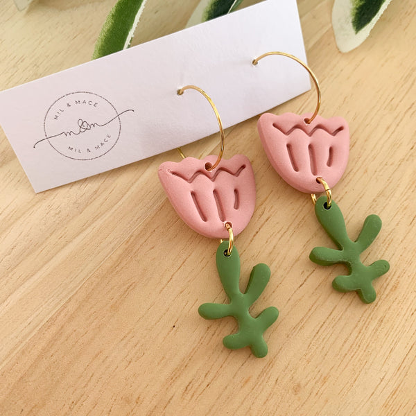 Tulip Polymer Clay Dangle Hoop Earrings