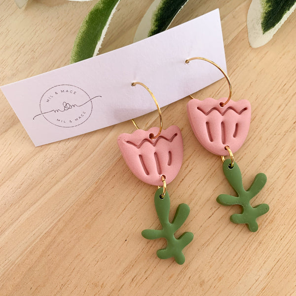 Tulip Polymer Clay Dangle Hoop Earrings