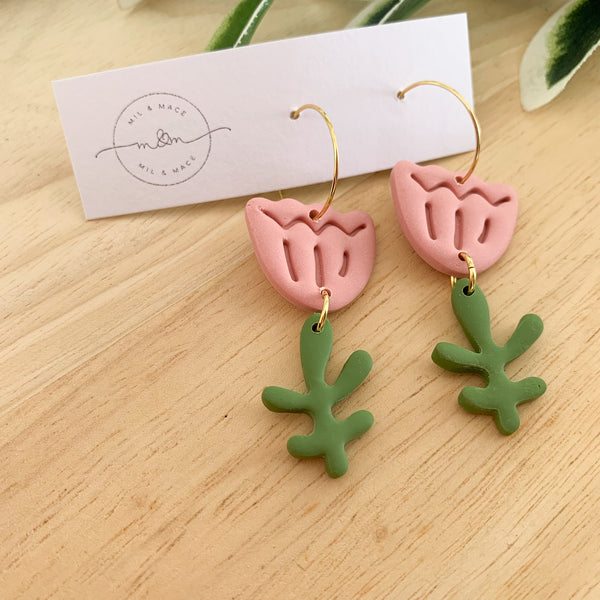 Tulip Polymer Clay Dangle Hoop Earrings