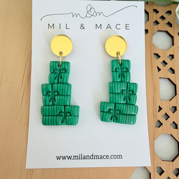 Green Stripe Present Stack Polymer Clay Dangle Earrings