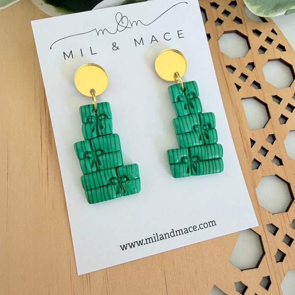 Green Stripe Present Stack Polymer Clay Dangle Earrings