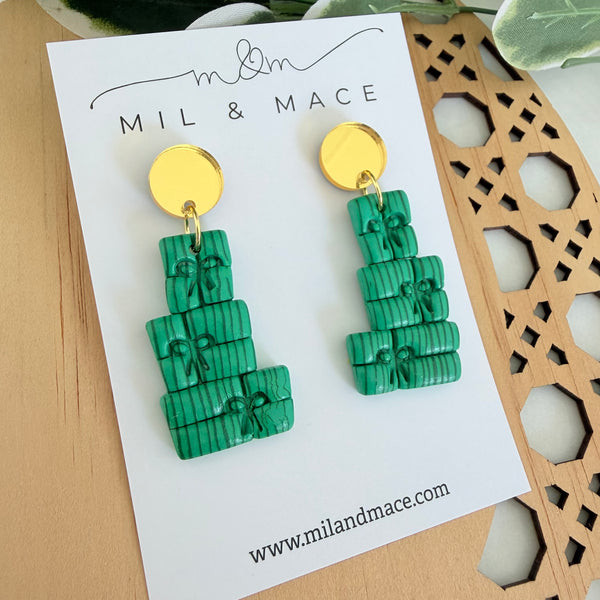 Green Stripe Present Stack Polymer Clay Dangle Earrings