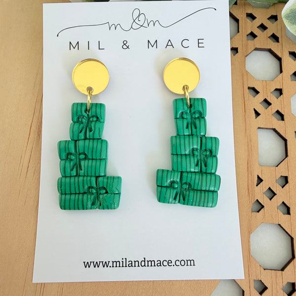 Green Stripe Present Stack Polymer Clay Dangle Earrings