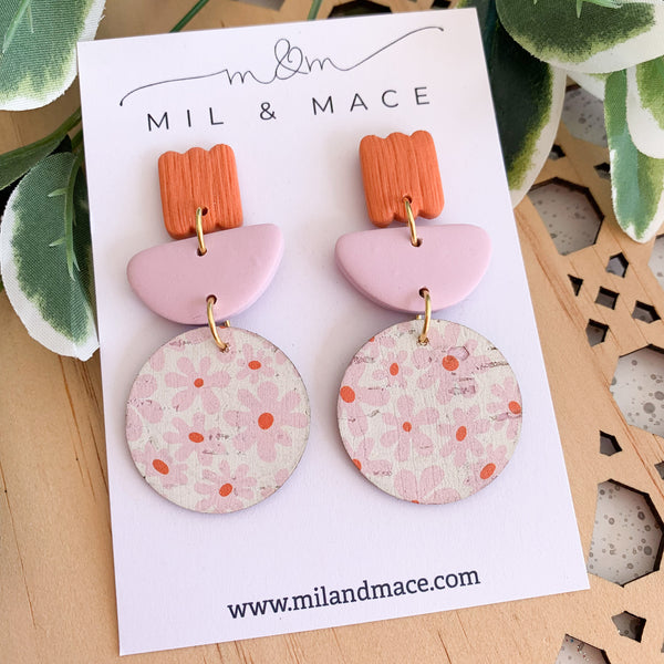 Pink and Orange Printed Cork and Polymer Clay Dangle Earrings