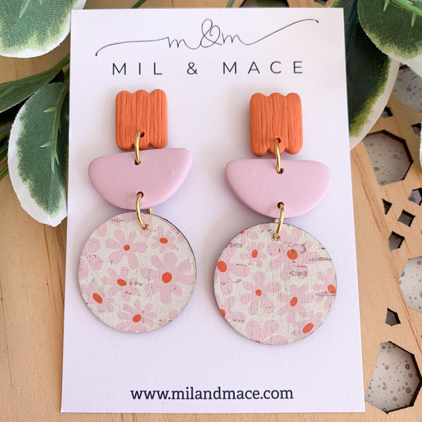 Pink and Orange Printed Cork and Polymer Clay Dangle Earrings