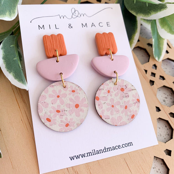 Pink and Orange Printed Cork and Polymer Clay Dangle Earrings