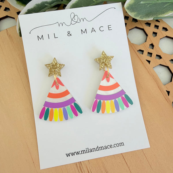 Christmas Tree Carnival Gold Star Acrylic Dangle Earrings