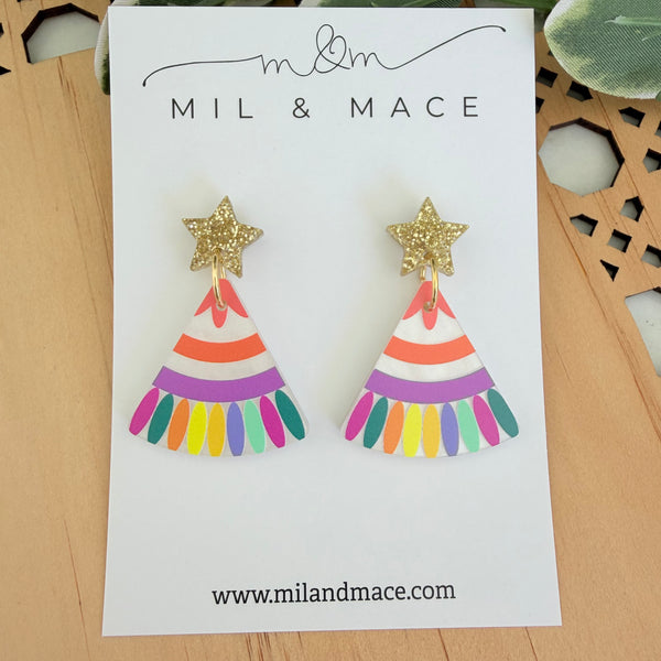 Christmas Tree Carnival Gold Star Acrylic Dangle Earrings