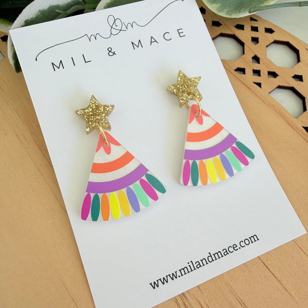 Christmas Tree Carnival Gold Star Acrylic Dangle Earrings