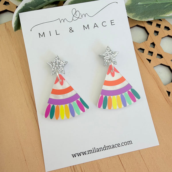 Christmas Tree Carnival Silver Star Acrylic Dangle Earrings