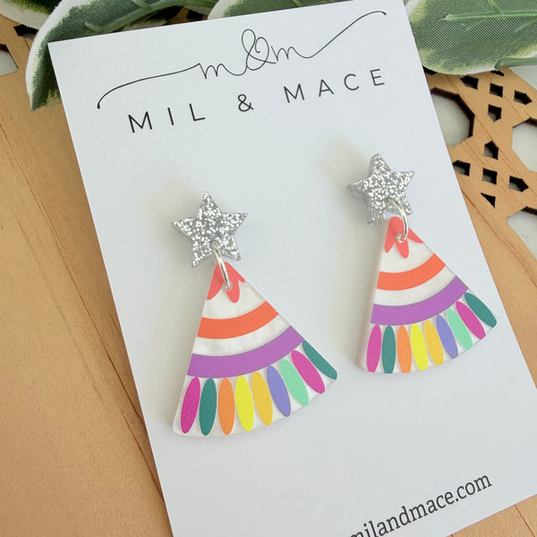 Christmas Tree Carnival Silver Star Acrylic Dangle Earrings
