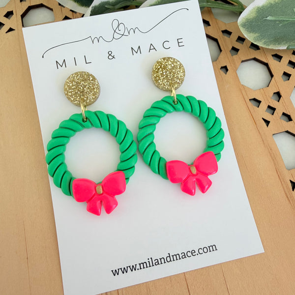 Christmas Wreath Neon Pink Bow Polymer Clay Dangle Earrings