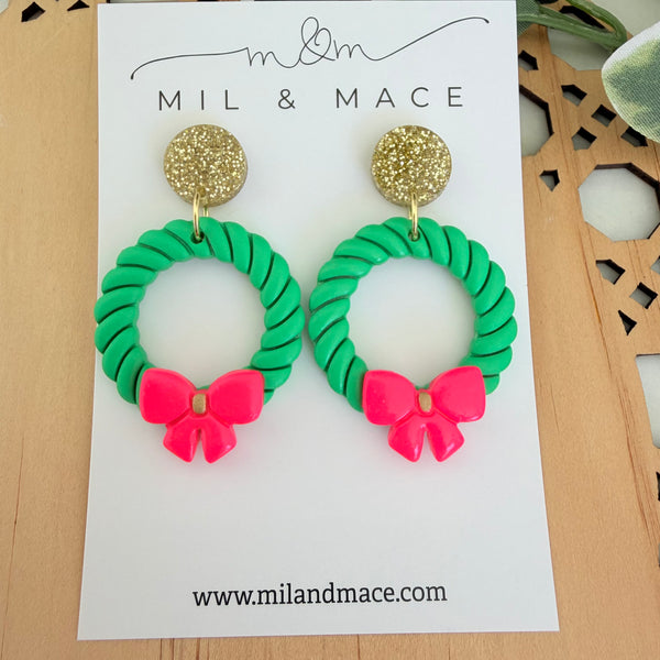Christmas Wreath Neon Pink Bow Polymer Clay Dangle Earrings