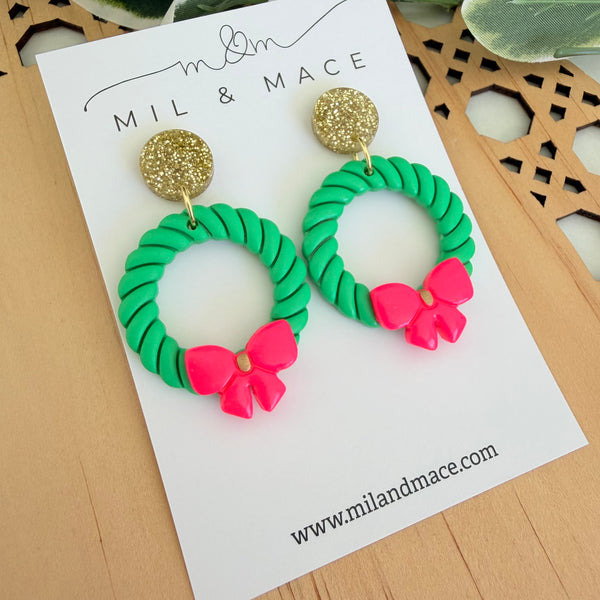 Christmas Wreath Neon Pink Bow Polymer Clay Dangle Earrings