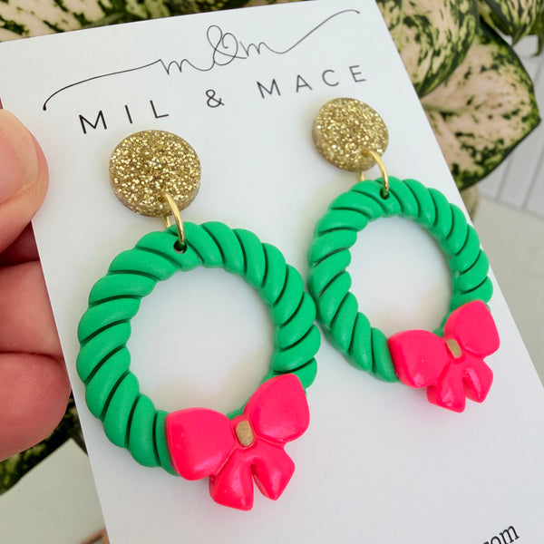 Christmas Wreath Neon Pink Bow Polymer Clay Dangle Earrings