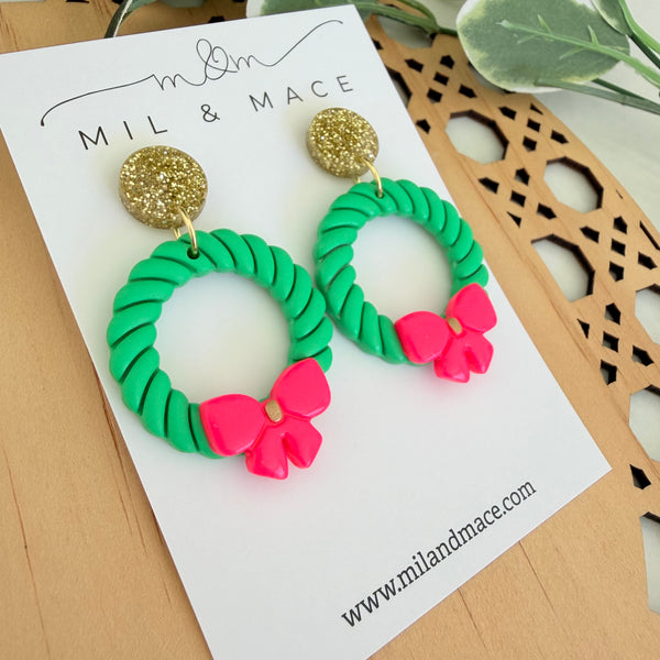 Christmas Wreath Neon Pink Bow Polymer Clay Dangle Earrings