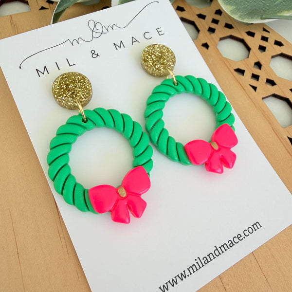 Christmas Wreath Neon Pink Bow Polymer Clay Dangle Earrings