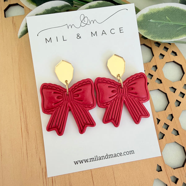 Red Bows Polymer Clay Dangle Earrings