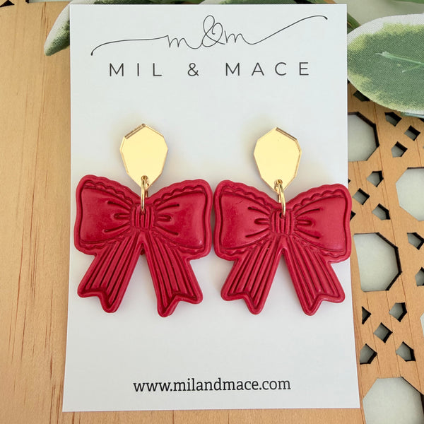 Red Bows Polymer Clay Dangle Earrings