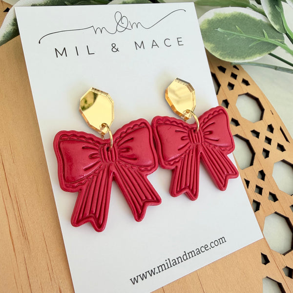 Red Bows Polymer Clay Dangle Earrings