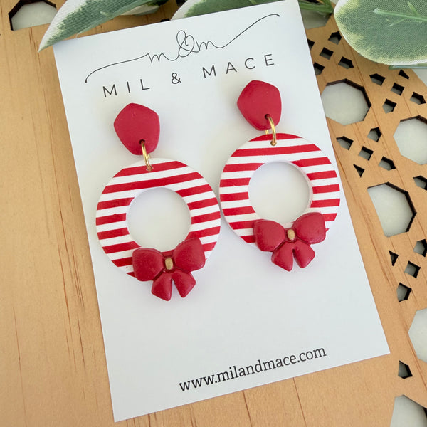 Christmas Wreath Red and White Stripe Polymer Clay Dangle Earrings