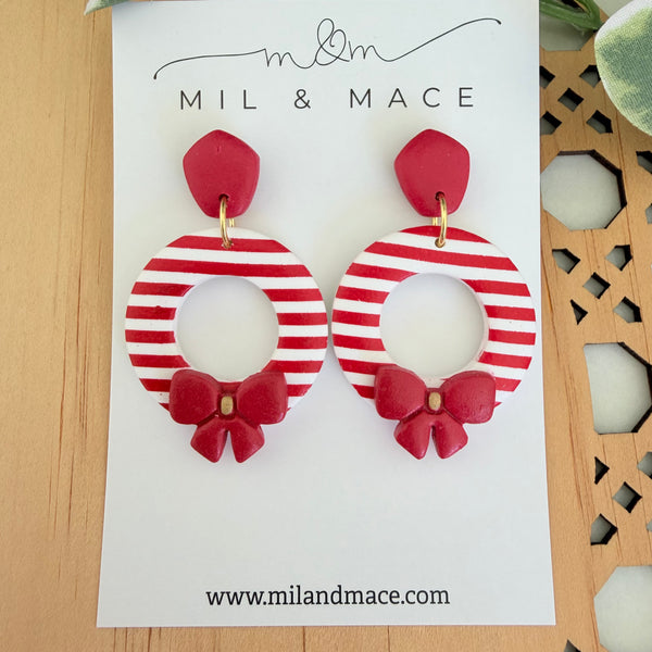 Christmas Wreath Red and White Stripe Polymer Clay Dangle Earrings
