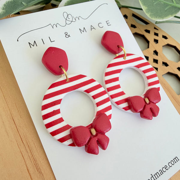 Christmas Wreath Red and White Stripe Polymer Clay Dangle Earrings