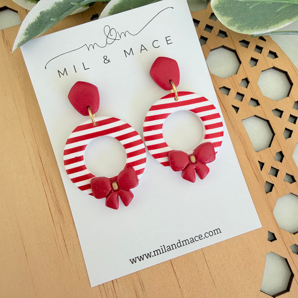 Christmas Wreath Red and White Stripe Polymer Clay Dangle Earrings
