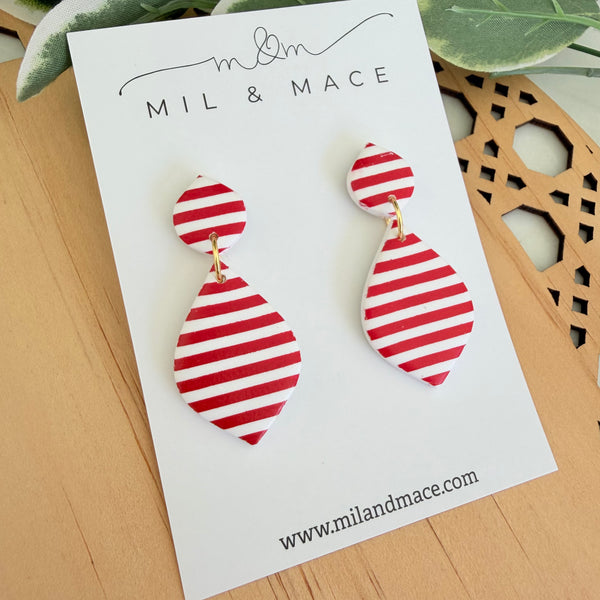 Christmas Red and White Stripe Polymer Clay Dangle Earrings
