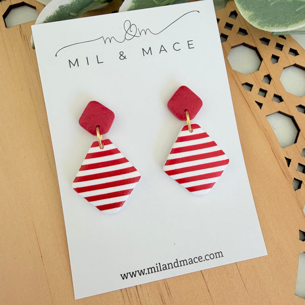 Christmas Red and White Stripe Polymer Clay Dangle Earrings