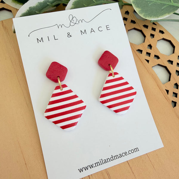 Christmas Red and White Stripe Polymer Clay Dangle Earrings