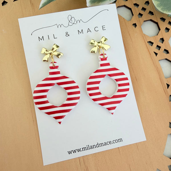 Christmas Red and White Stripe Polymer Clay Dangle Earrings