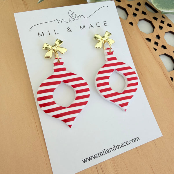 Christmas Red and White Stripe Polymer Clay Dangle Earrings