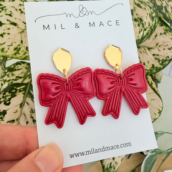 Red Bows Polymer Clay Dangle Earrings
