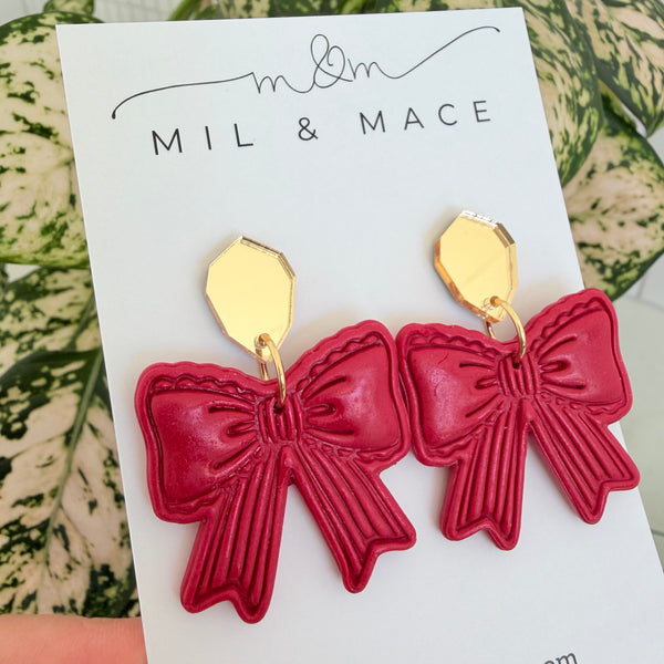 Red Bows Polymer Clay Dangle Earrings