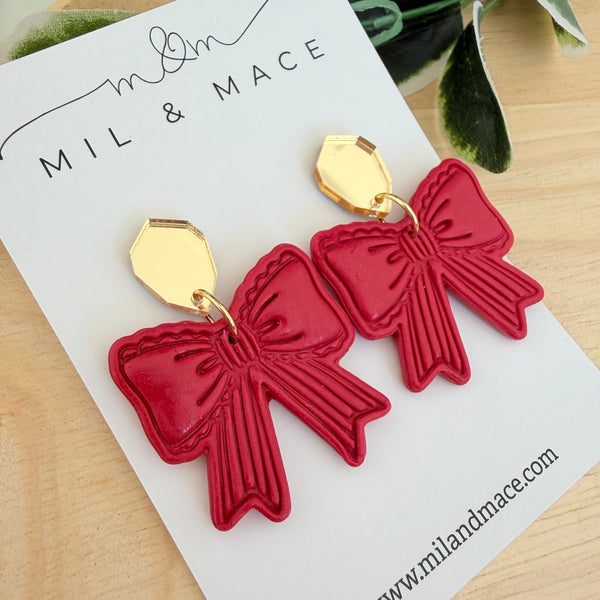 Red Bows Polymer Clay Dangle Earrings