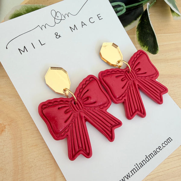 Red Bows Polymer Clay Dangle Earrings