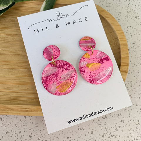 Pink, Gold and Silver Splash Yupo Handpainted Dangle Earrings