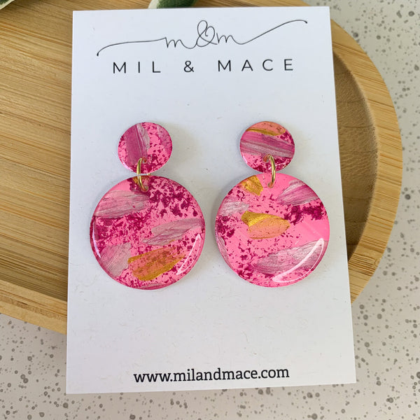 Pink, Gold and Silver Splash Yupo Handpainted Dangle Earrings