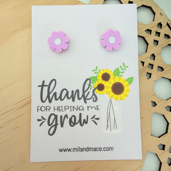 Educator Gift 'Thanks for helping me grow' Flower Stud Earrings
