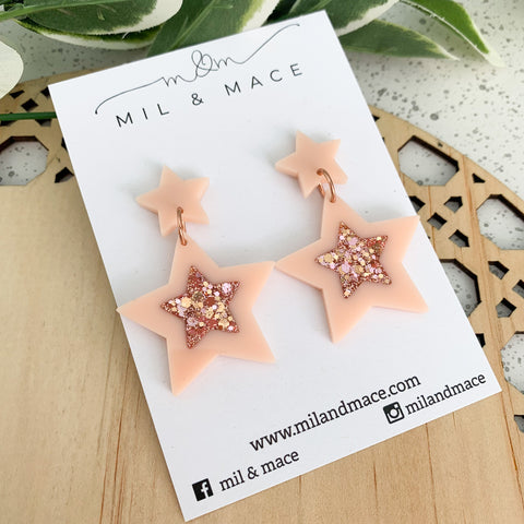 Peach Christmas Stars Acrylic and Resin Dangle Earrings