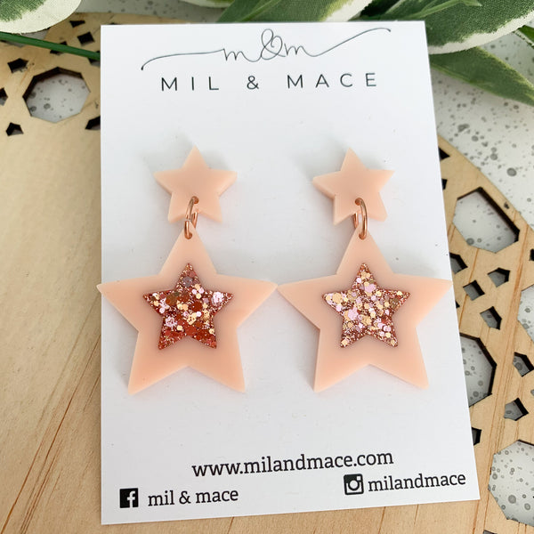 Peach Christmas Stars Acrylic and Resin Dangle Earrings